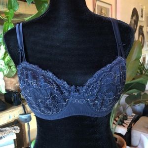 Navy Blue Blush Lace Sheer Bra Underwire womens sz 36C